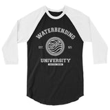 Waterbending University White ink 3/4 sleeve unisex raglan shirt - Geeks Pride